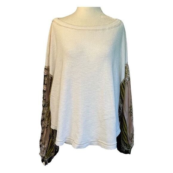 Free People We The Free Blossom Top Cream Pink Brown Thermal Floral Long Sleeves - Picture 2 of 9